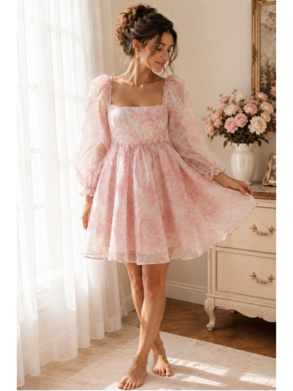 Selkie Puff Dress Pink Floral Organza Square Neck Balloon Sleeve Mini Size S
